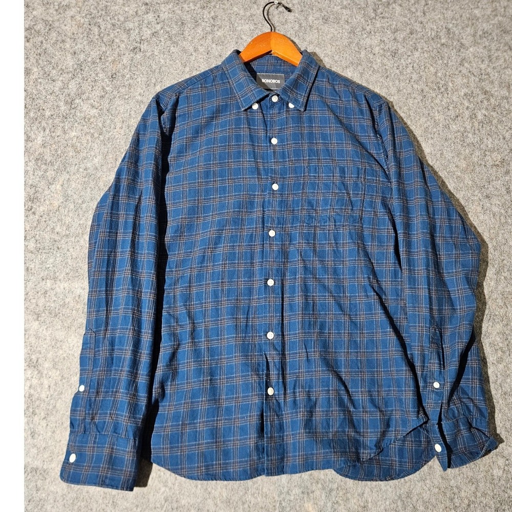 Bonobos Button Down Shirt Mens Large Blue Plaid Slim Fit Long Sleeve Cotton